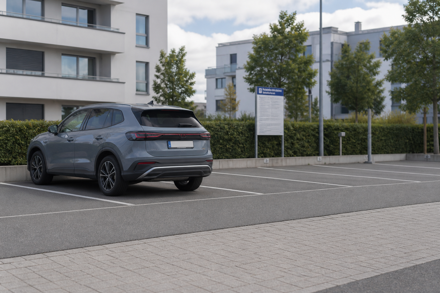 Ruhige private Parkfläche mit geparktem Fahrzeug und dezenten Parkhinweisen