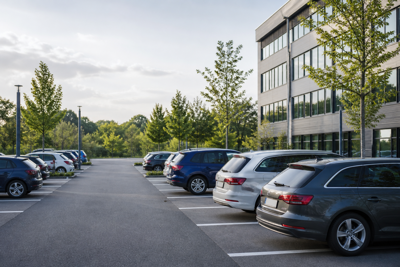 Übersichtlicher gewerblicher Parkplatz mit klar markierten Stellplätzen