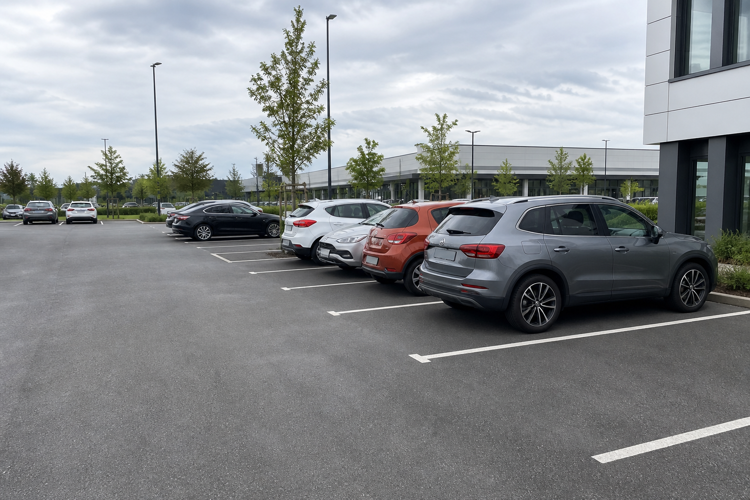 Übersichtlicher Kundenparkplatz mit klar markierten Stellplätzen