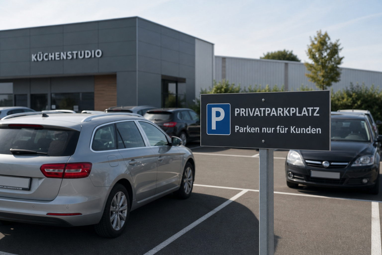 Private Kundenparkplätze mit klarer Markierung und dezentem Parkhinweis